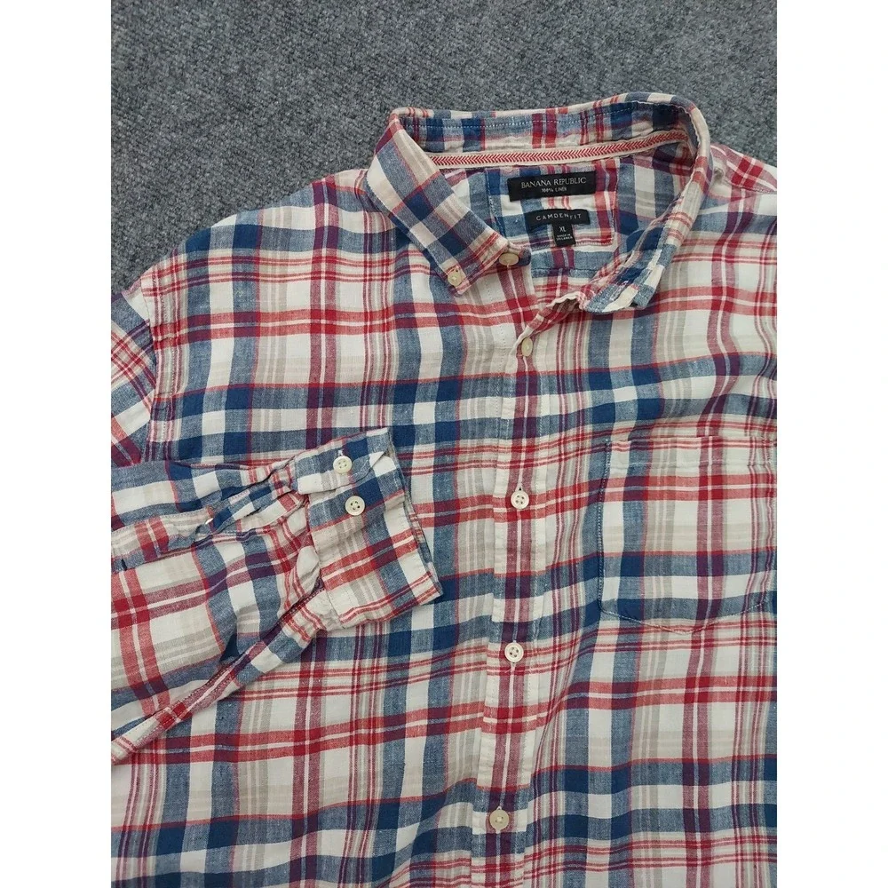 Banana Republic Linen Shirt Mens XL Red Blue Plaid Camden Fit Button Down L/S